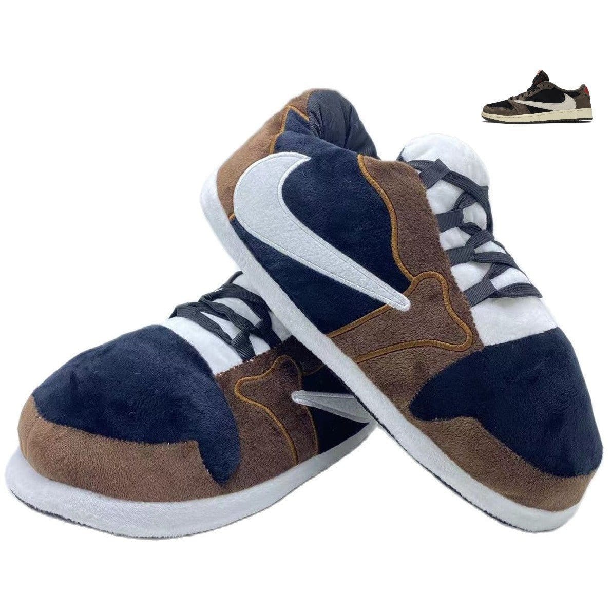 Slip Kickz  Slippers One Size Fits All ( UK 3 - 10.5 ) Brown and Navy Blue Travis Scott Lows Novelty Slippers